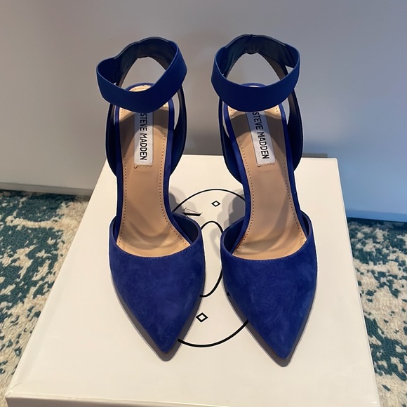 Steven Madden-Dion-size 7- blue suede high heel sandal-closed toe-elastic ankle - Picture 2 of 5